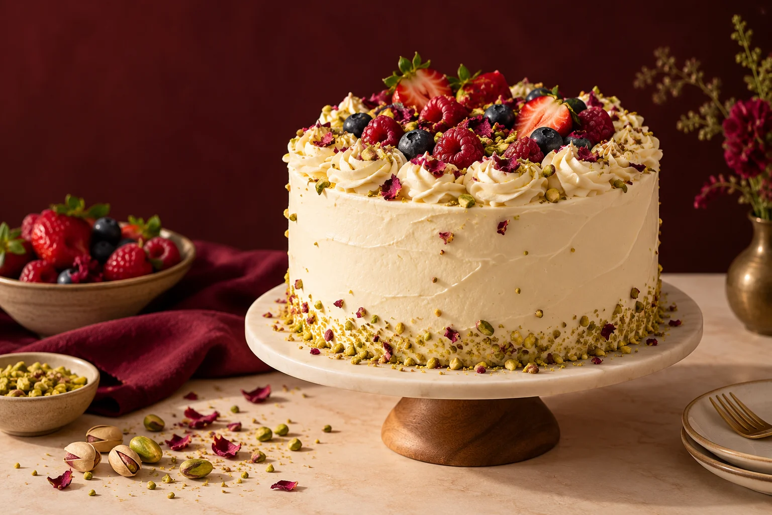 Cream celebration cake decorated with berries and pistachios